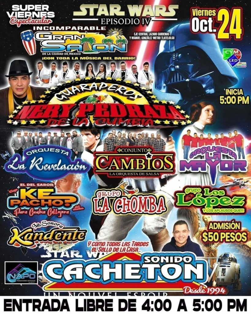 Personajes icónicos como Darth Vader y los Stormtroopers se hacen presentes en el baile sonidero.