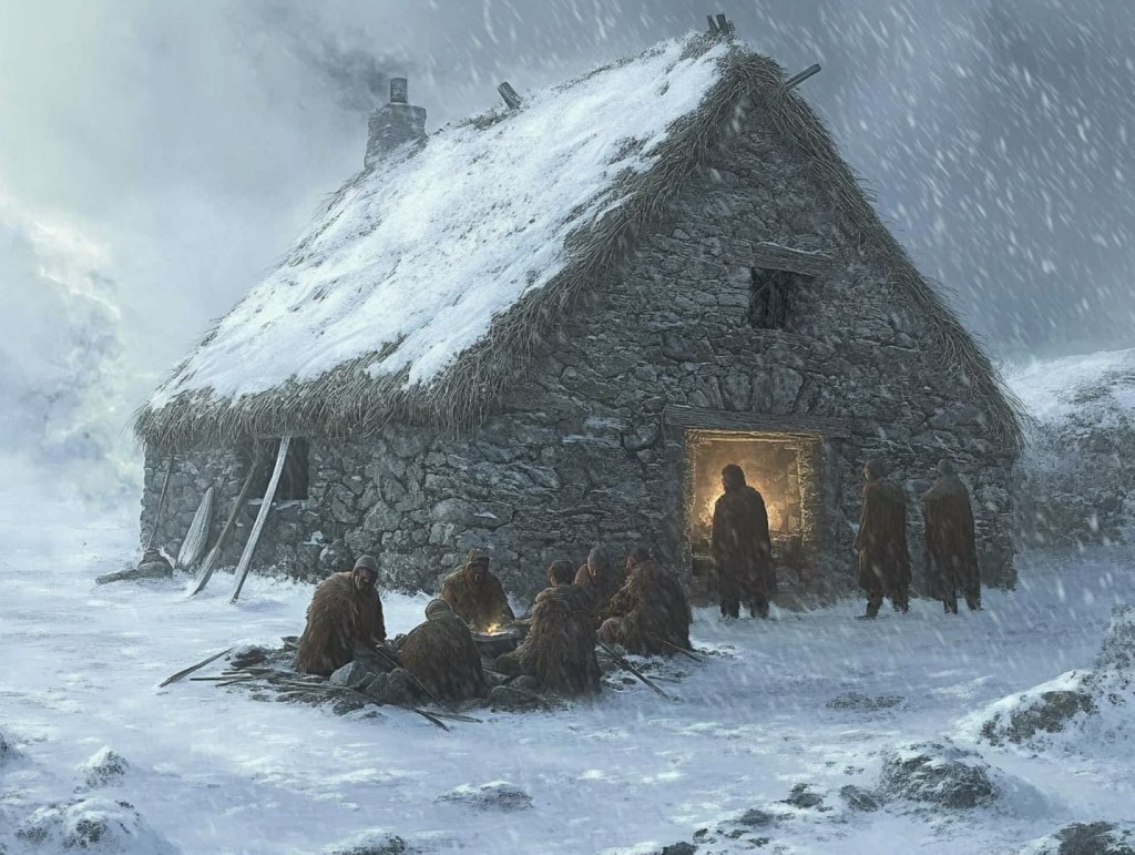 Grupo de personas en una casa de piedra en medio de la nieve y el hielo