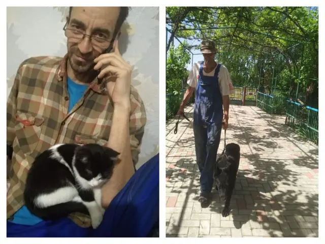 Dos fotografías: una muestra a Sergei sentado con un gato blanco y negro en su regazo, y la otra lo muestra caminando por el jardín con un perro negro.