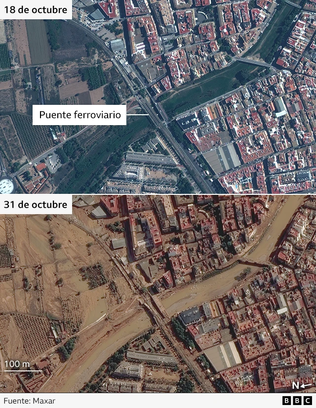 Vista aérea de la provincia de Valencia antes y después de la riada. 