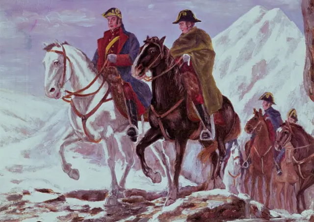 Pintura de José de San Martín a caballo con otros militares cruzando los Andes.