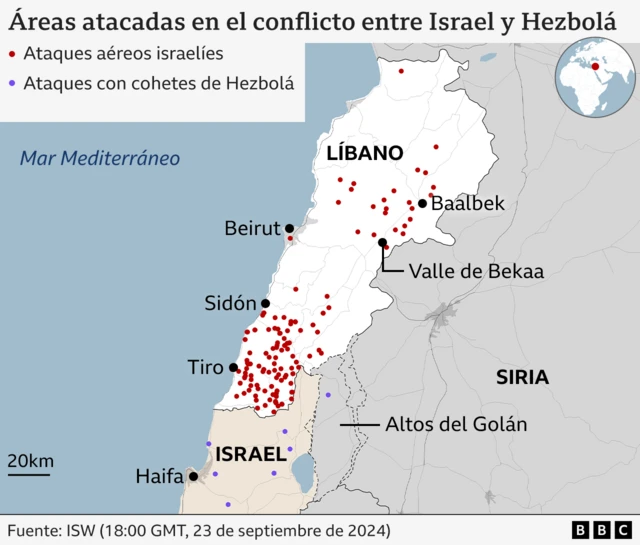 Mapa que muestra las zonas atacadas en el conflicto entre Israel y Hezbolá. 