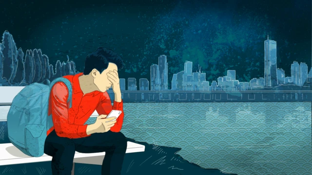 Una ilustración muestra a un hombre norcoreano con una camisa roja frente al horizonte de Seúl, con la cabeza entre las manos.