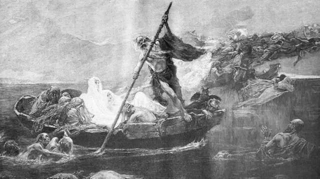Ilustración del remero del Hades, Caronte, trasladando las almas de los muertos.