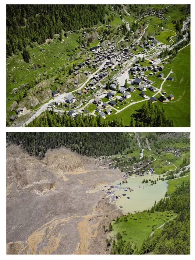 Una combinación de dos imágenes que muestran el pueblo de Blatten fotografiado el 23 de mayo de 2025 (arriba) y lo mismo un día después de una avalancha masiva provocada por el colapso del glaciar Birch, el 29 de mayo de 2025 (abajo).