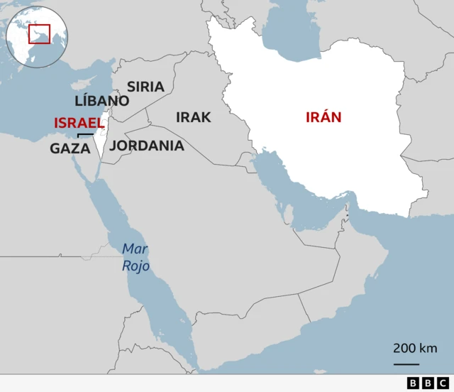 Mapa de la ubicación relativa entre Irán e Israel