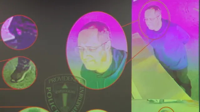 Imágenes en verde y morado del tirador de la Universidad Brown, identificado por las autoridades como Claudio Neves Valente, se muestran durante una rueda de prensa en Providence, Rhode Island.
