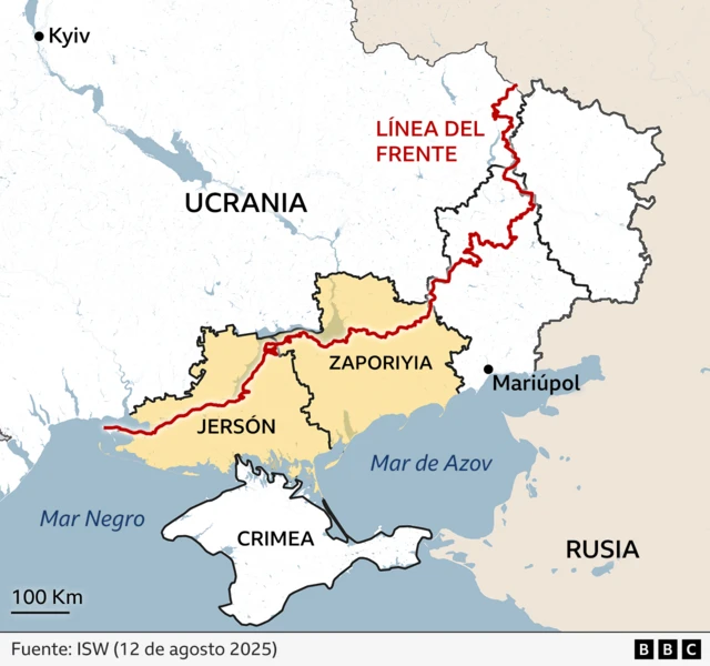 Mapa que resalta las zonas de Zaporiyia y Jersón en amarillo. La línea de frente entre las fuerzas ucranianas y rusas está marcada en rojo. Las ubicaciones clave marcadas incluyen Kyiv, Mariúpol, Crimea, el mar Negro y el mar de Azov. Fuente: ISW, 12 de agosto de 2025.