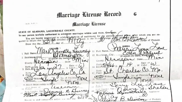 Certificado de matrimonio de Patricia Lane. 