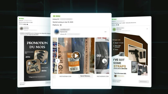 Un gráfico que muestra capturas de pantalla de anuncios de armas y accesorios para armas en plataformas Meta.