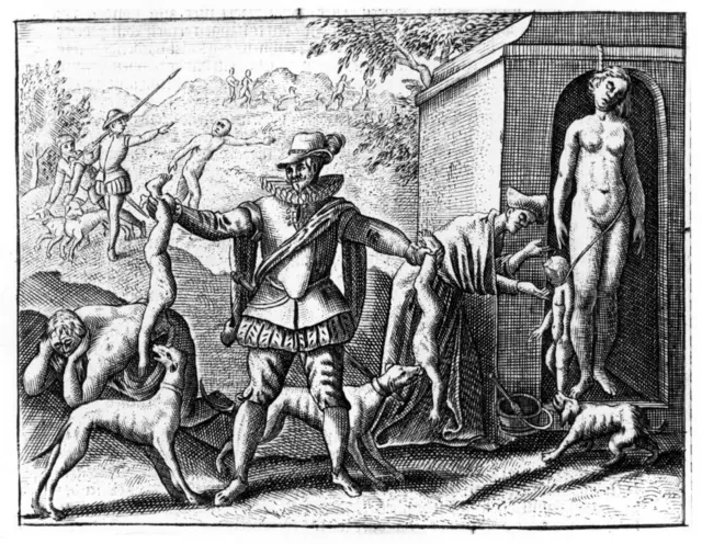 Una litografía del uso de perros por parte de españoles como castigo en la conquista de los incas