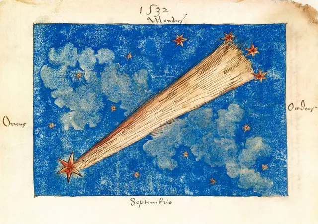 Boceto en acuarela etiquetado como el cometa de 1532, originalmente encuadernado en un libro de citas del siglo XVI. El cometa se representa con una cola recta y se muestra reposando frente a las nubes en el cielo.