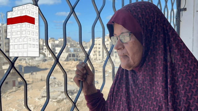 Muna mira por la ventana. Una imagen gráfica del edificio Skeik se inserta en la esquina superior izquierda, resaltando el quinto piso del edificio donde vive Muna.