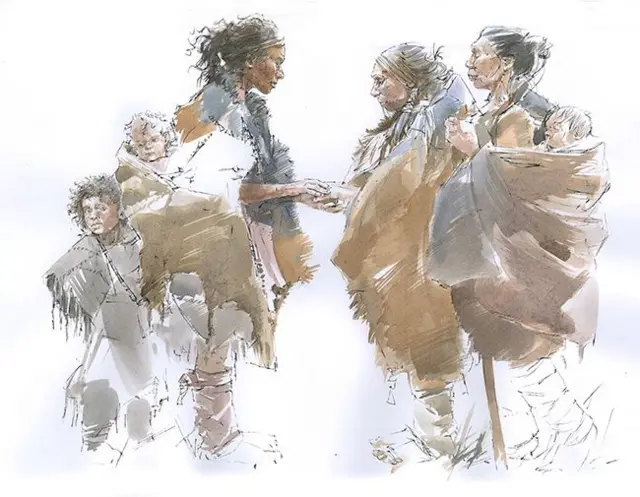 Ilustración que muestra el momento del encuentro entre denisovanos y Homo sapiens.