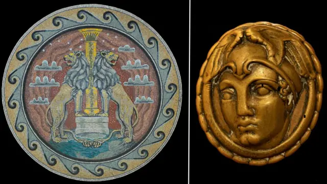 Una imagen compuesta en la cual se ve un mosaico de la era romana donde se ven dos leones junto a una columna y una figura de Mercurio
