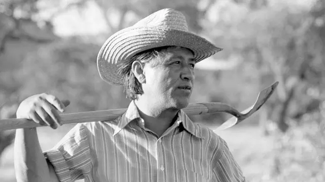 César Chávez sostiene una pala sobre sus hombros mientras trabaja en el jardín comunitario en La Paz, California, 1975.