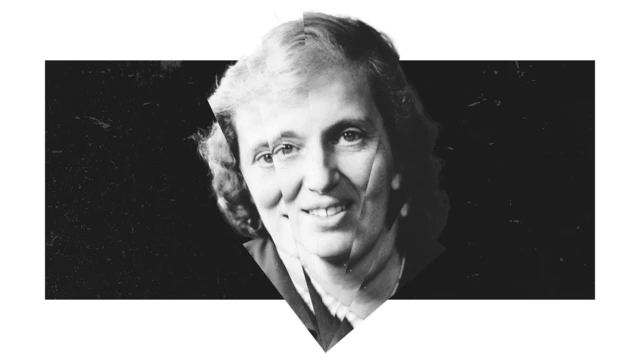 Retrato estilizado en blanco y negro de Dorothy Hodgkin.