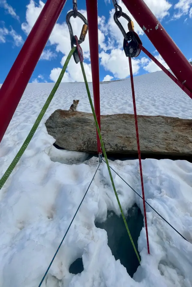 La estructura de anclaje construida por los rescatistas con cuerdas verdes y rojas sobre el agujero