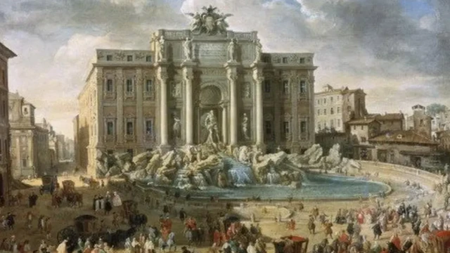 Una fotografía antigua de la Fontana di Trevi en Roma.