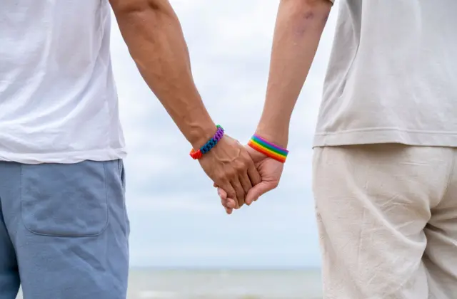Una pareja homosexual se agarra de la mano frente a la playa.