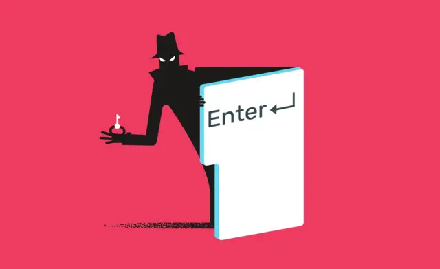 Ilustración de un ladrón saliendo detrás de una tecla de Enter