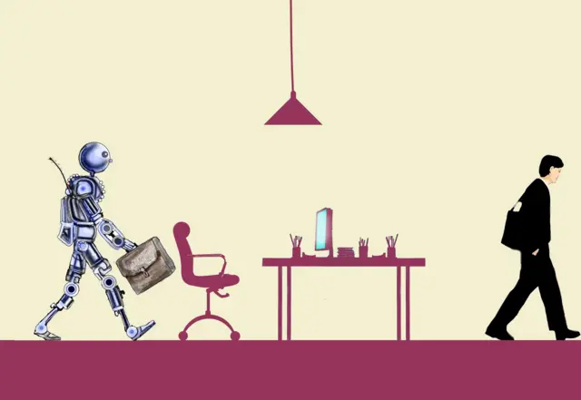 Ilustración de un robot desplazando a un humano de su puesto de trabajo.