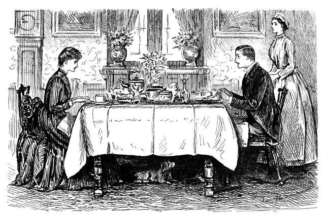Dibujo de una pareja de aristócratas sentada a la mesa y una sirviente a su lado