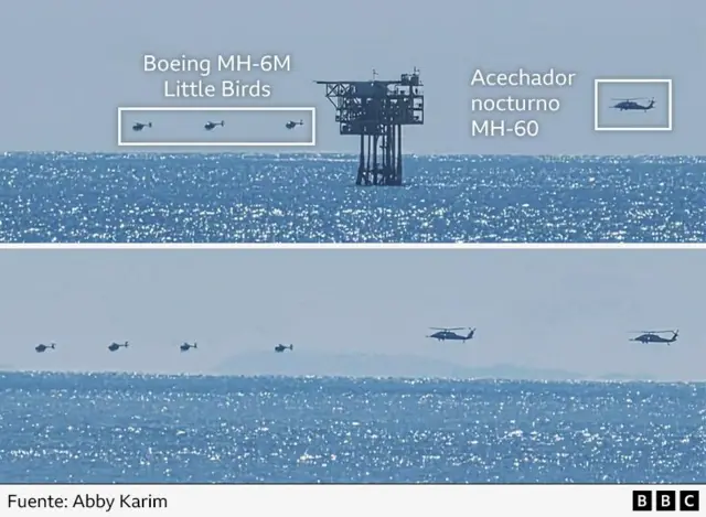 Dos imágenes muestran helicópteros volando a baja altura sobre el mar. En la imagen superior se ha identificado que los helicópteros más pequeños son Boeing MH-6M, mientras que el helicóptero más grande es un MH-60.