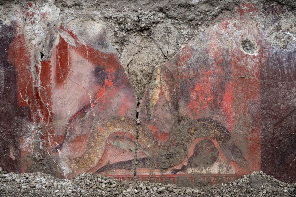 Anguila y otros pescados en un fresco de Pompeya, Regio IX