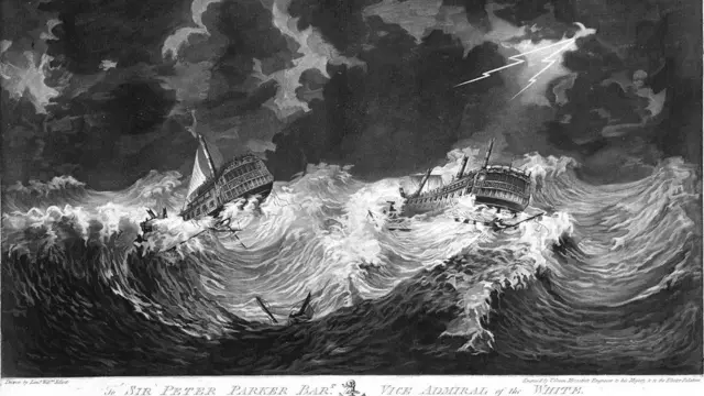 Una ilustración muestra una representación del Gran Huracán. En blanco y negro se ve un mar en tempestad y embarcaciones luchando por mantenerse a flote.