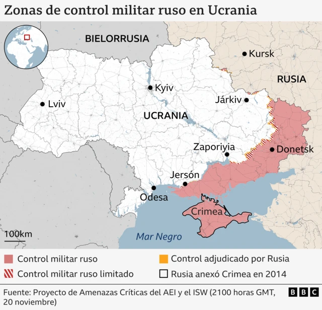 Mapa que muestra los frentes de guerra en Ucrania
