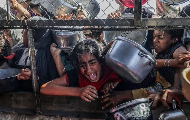 Varios niños desesperados intenta conseguir comida.