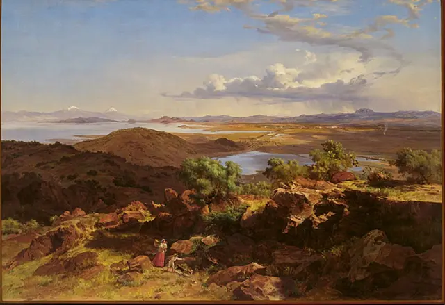 Valle de México, con lagunas, rocas, caminos, ciudades y montañas