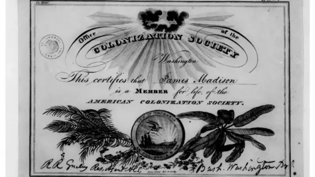 Fotografía de un certificado de membresía en la Sociedad Estadounidense de Colonización.