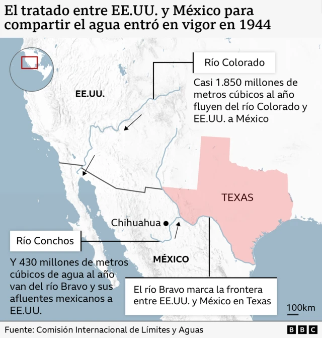 Mapa que explica las bases del tratado de agua de 1944 entre EE.UU. y México