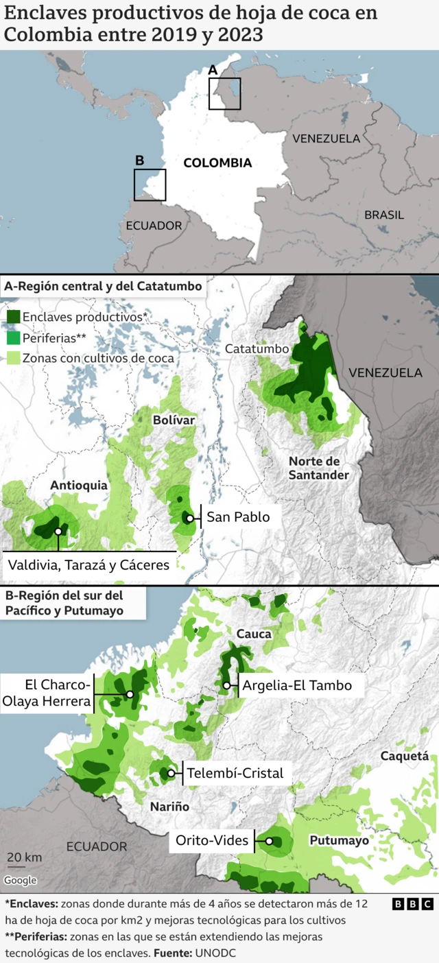 Un mapa de Colombia que muestra los príncipales enclaves de cultivos de hoja de coca.