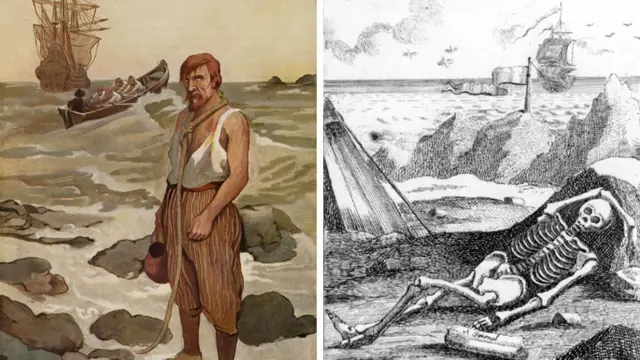 Ilustración en acuarela que representa a Leendert Hasenbosch, por GD Hoogendoorn y grabado del esqueleto del marinero de una edición de La justa venganza del cielo ejemplificada.
