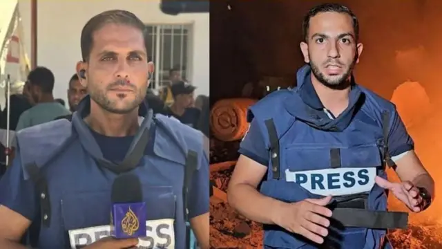 Anas Al-Sharif (derecha) y Mohammed Qreiqeh (izquierda), ambos vestidos con chalecos antibalas en los que dice 