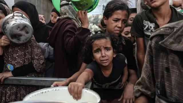 Niños luchando por obtener un plato de comida en Deir al Balah, Gaza, el 24 de setiembre de 2025.