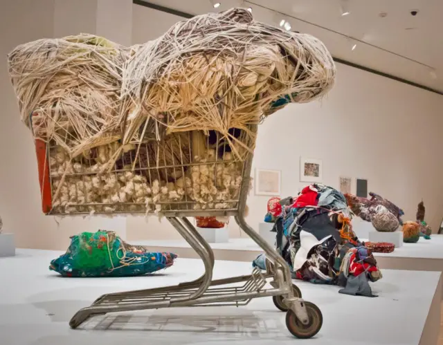 Carro de compras de supermercado repleto de cosas y amarrijos