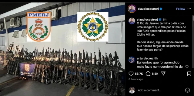 Publicación en la red social Instagram del gobernador del estado de Río de Janeiro, Cláudio Castro, que muestra una gran cantidad de fusiles incautados en una operación policial y logotipos de las policías estatales.