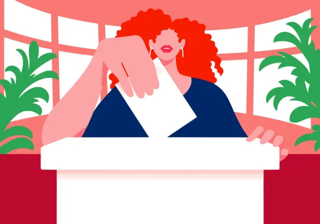 Ilustración de una mujer insertando su voto en una urna.