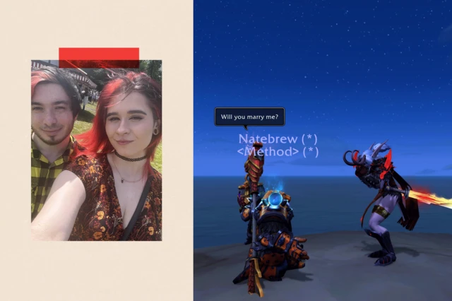 Selfie de Nate y Jess y una imagen de su compromiso dentro del jueg World of Warcraft con las palabras 