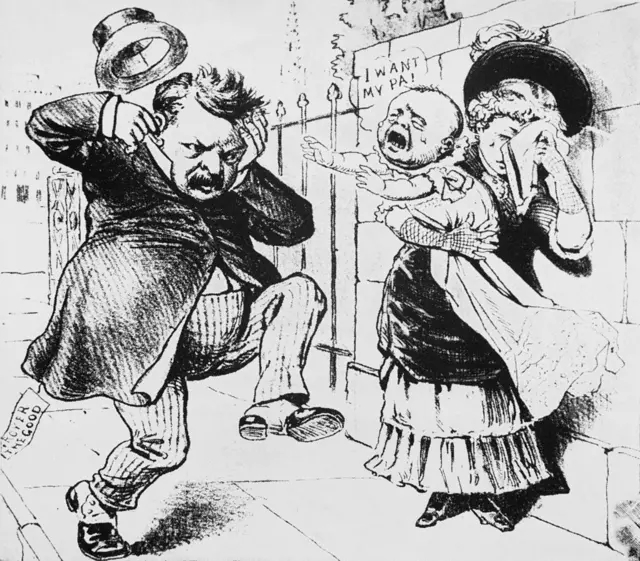 Una caricatura de 1884 que muestra al candidato presidencial demócrata Grover Cleveland atormentado por un hijo ilegítimo 