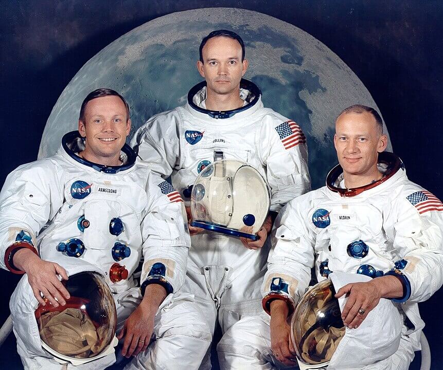 Armstrong, Collins y Aldrin. Imagen: NASA - Wikimedia Commons. Apolo 11 diario.