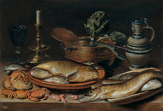 Bodegón con pescado, vela, alcachofas, cangrejos y gambas, Clara Peeters