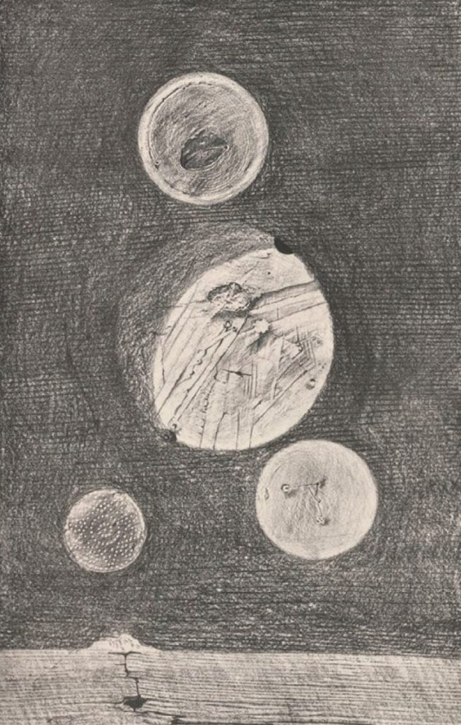 El sistema solar. En el porfolio de Historia natural, adopta el aspecto de tablas circulares de madera, como en Pequeñas mesas alrededor de la Tierra, sobre estas líneas.