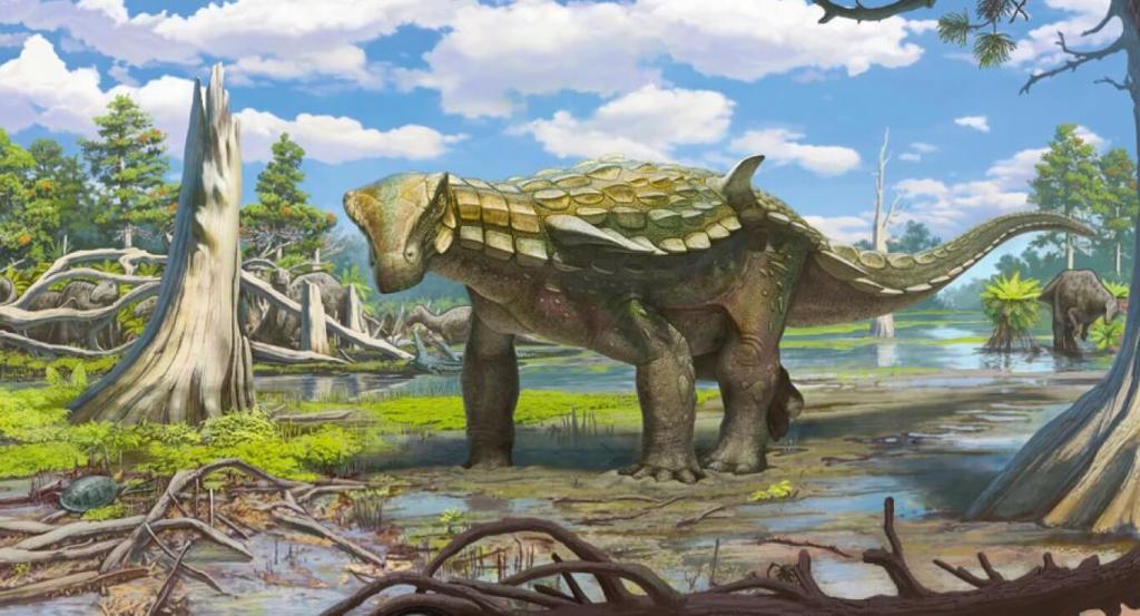 En esta ilustración vemos una reconstrucción ambiental, así como una recreación del anquilosaurio Europelta carbonensis, de otros vertebrados y de la flora asociada del Cretácico Inferior, en el yacimiento de la Mina Santa María en Ariño (Teruel).