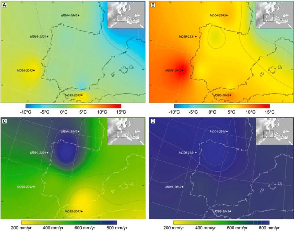 Mapas de Europa occidental con estimaciones climáticas cuantitativas basadas en los conjuntos polínicos, temperatura invernal y precipitación anual, y temperatura de la superficie del mar en su margen, basadas en los conjuntos de foraminiferos plantonicos, durante un HE y un calentamiento de D-O. Ilustración de Maráa Fernanda Sánche Goñi publicada en Frontiers in Plant Sciences.