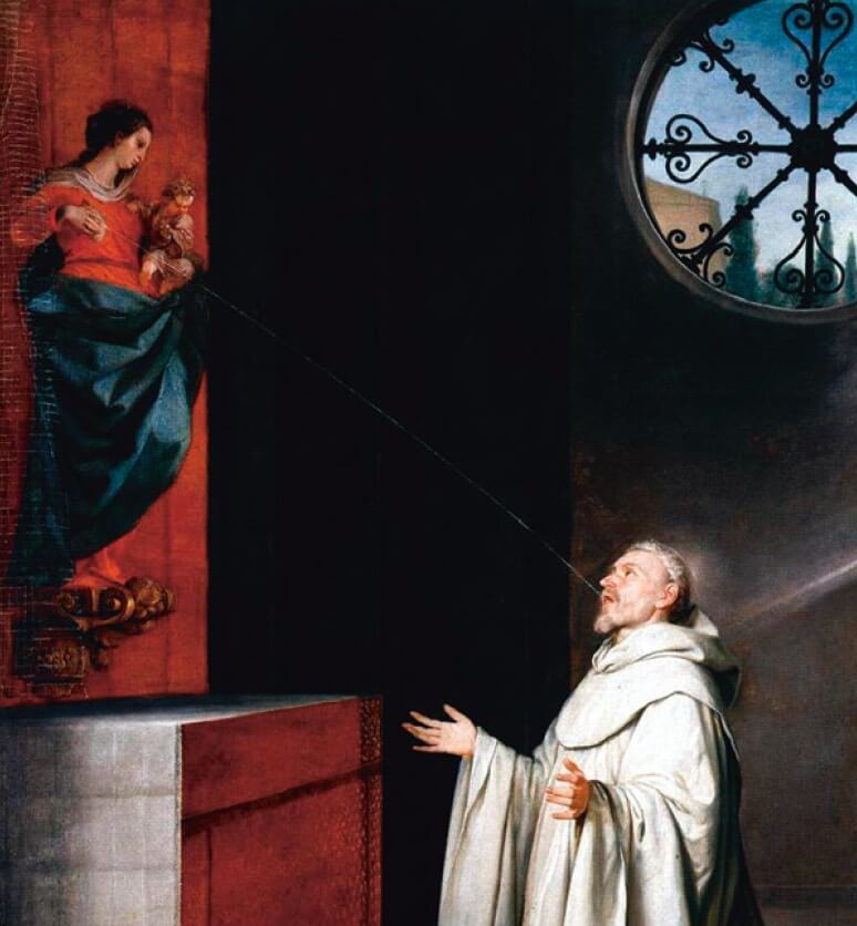 Claraval fue canonizado en 1174. En este óleo de Alonso Cano, Premio lácteo a san Bernardo, recibe leche del pecho de la Virgen.